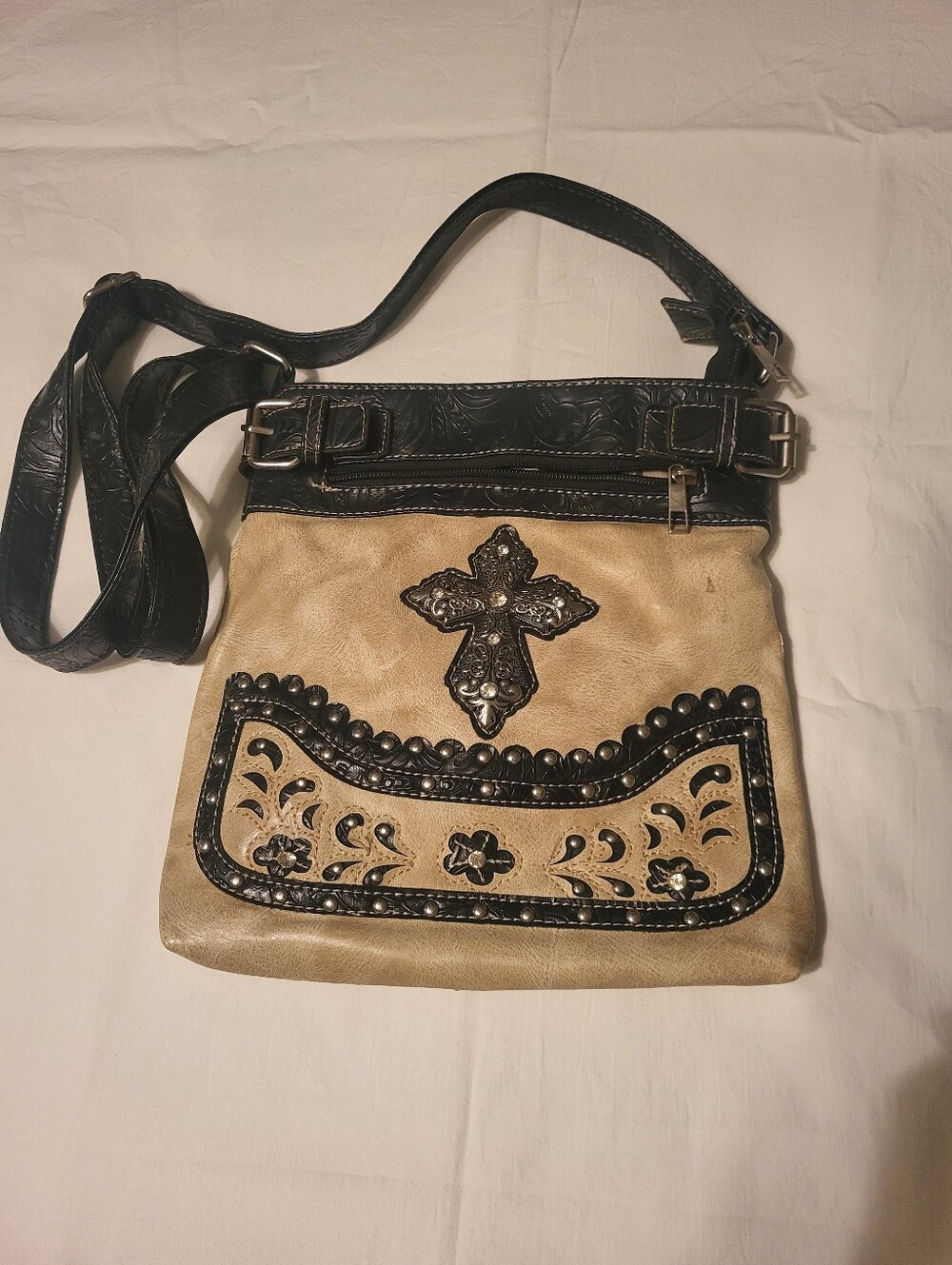 Tan and Black Cross Accent Women's Crossbody Bag